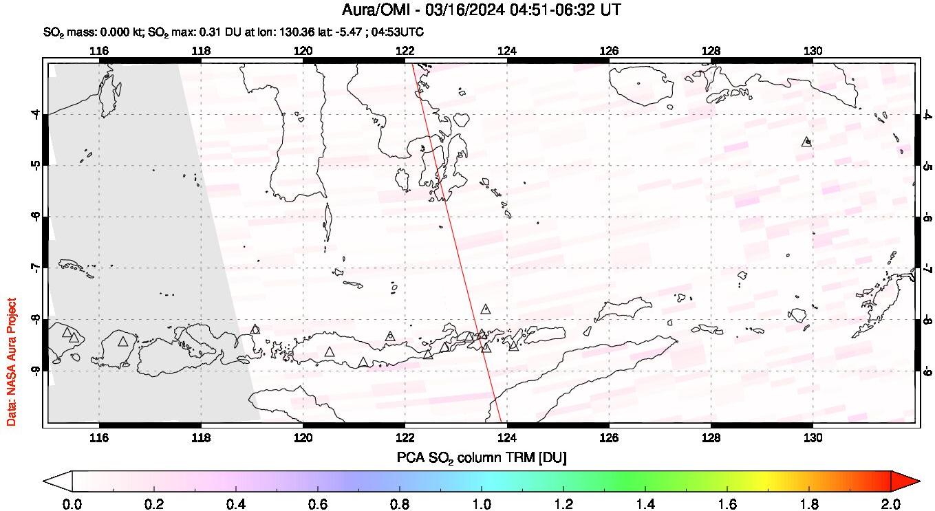 A sulfur dioxide image over Lesser Sunda Islands, Indonesia on Mar 16, 2024.