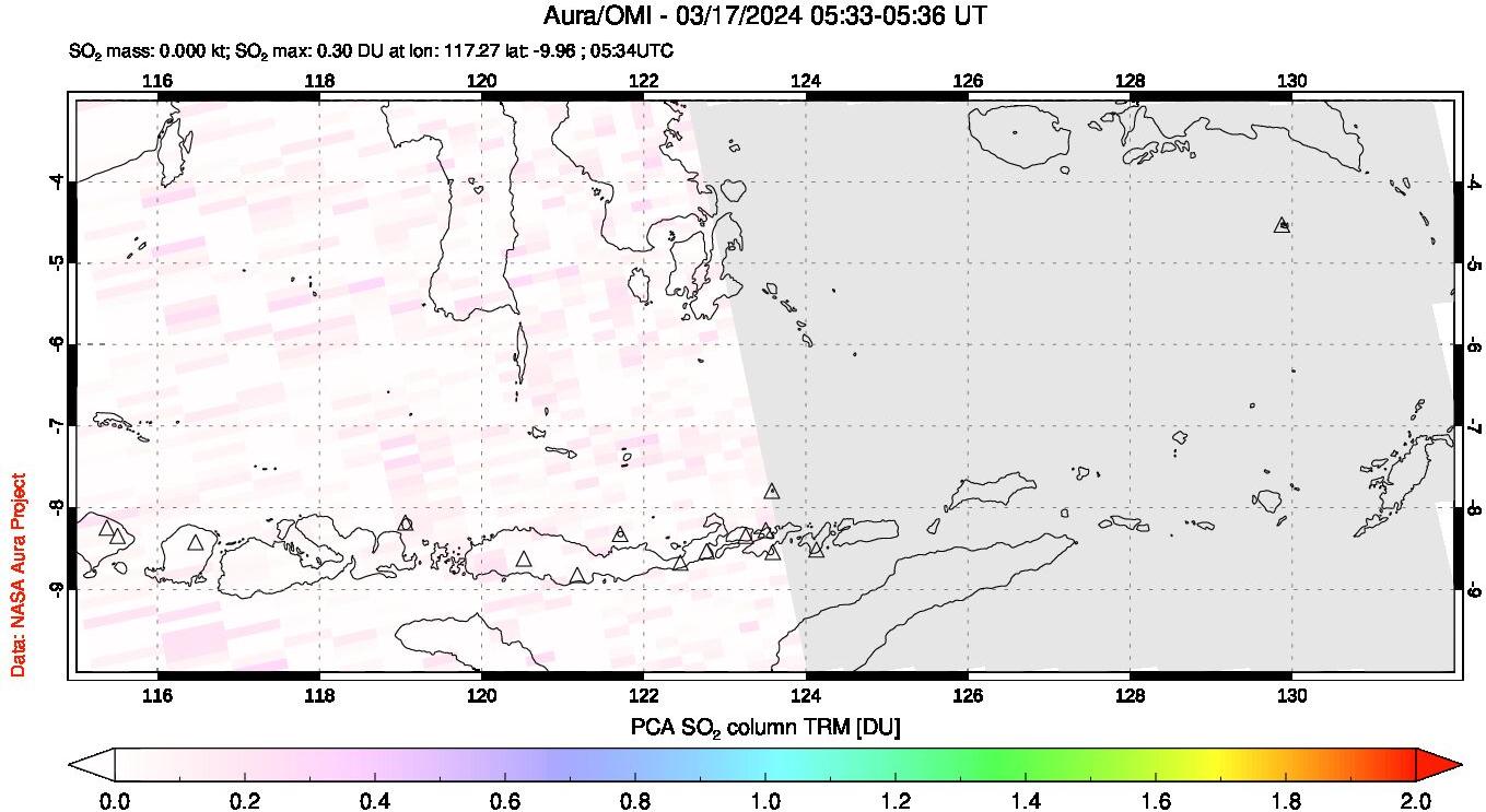 A sulfur dioxide image over Lesser Sunda Islands, Indonesia on Mar 17, 2024.