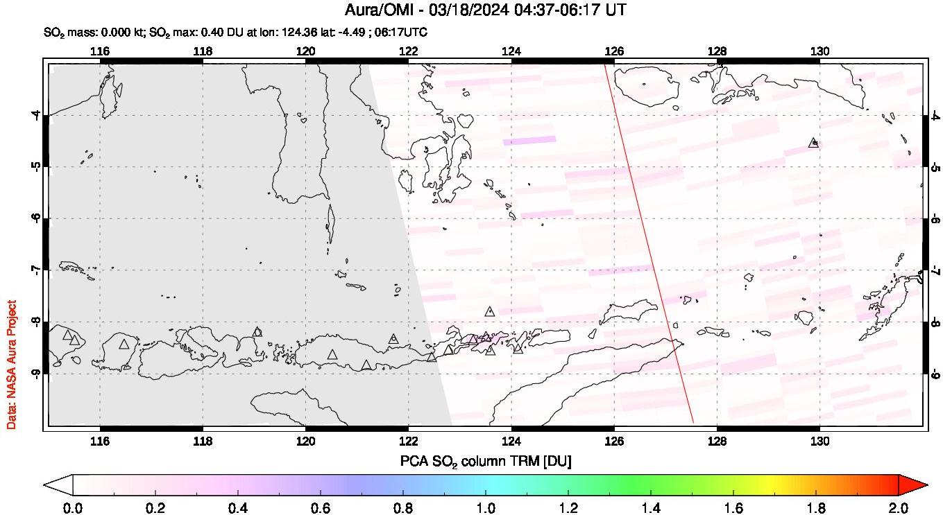 A sulfur dioxide image over Lesser Sunda Islands, Indonesia on Mar 18, 2024.