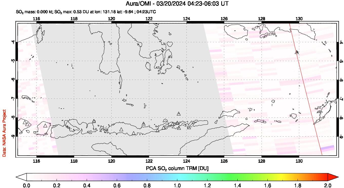 A sulfur dioxide image over Lesser Sunda Islands, Indonesia on Mar 20, 2024.