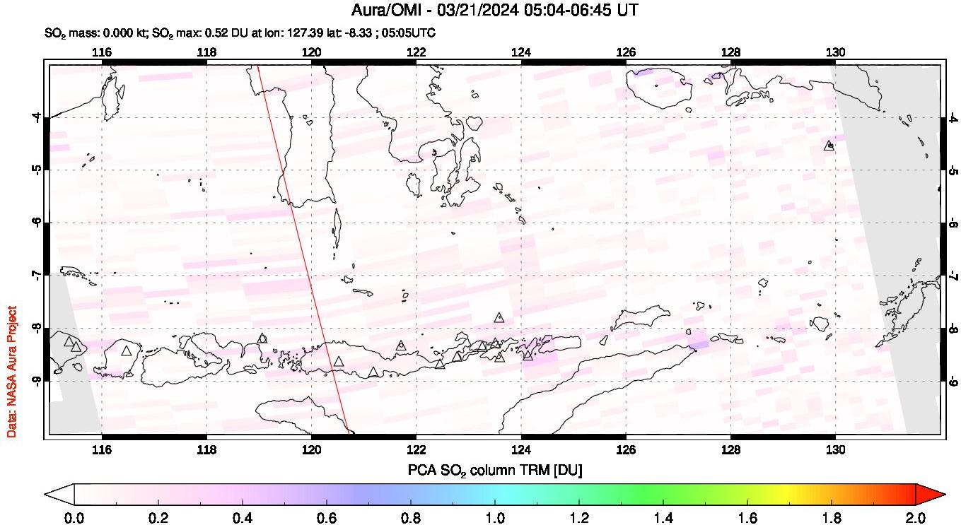 A sulfur dioxide image over Lesser Sunda Islands, Indonesia on Mar 21, 2024.