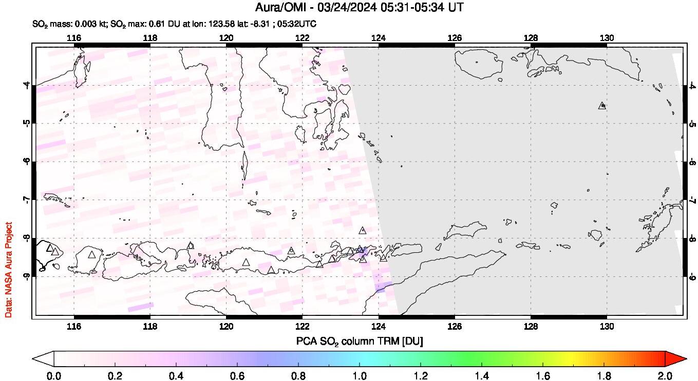 A sulfur dioxide image over Lesser Sunda Islands, Indonesia on Mar 24, 2024.