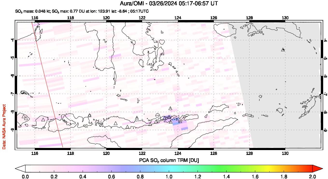 A sulfur dioxide image over Lesser Sunda Islands, Indonesia on Mar 26, 2024.