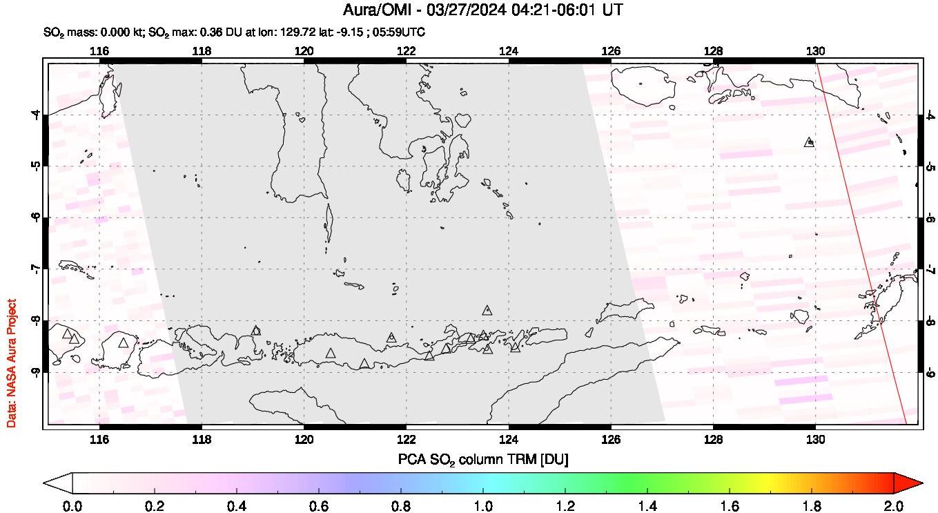 A sulfur dioxide image over Lesser Sunda Islands, Indonesia on Mar 27, 2024.