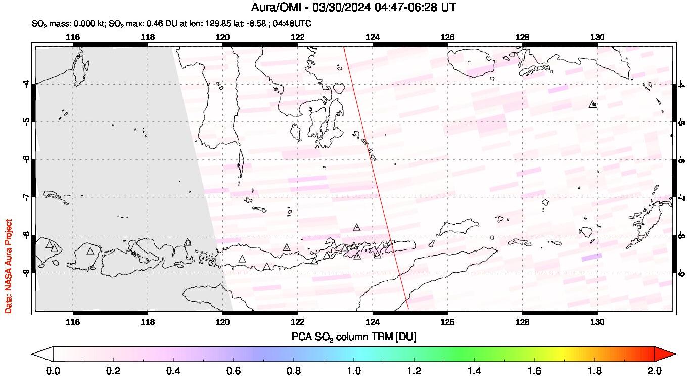 A sulfur dioxide image over Lesser Sunda Islands, Indonesia on Mar 30, 2024.