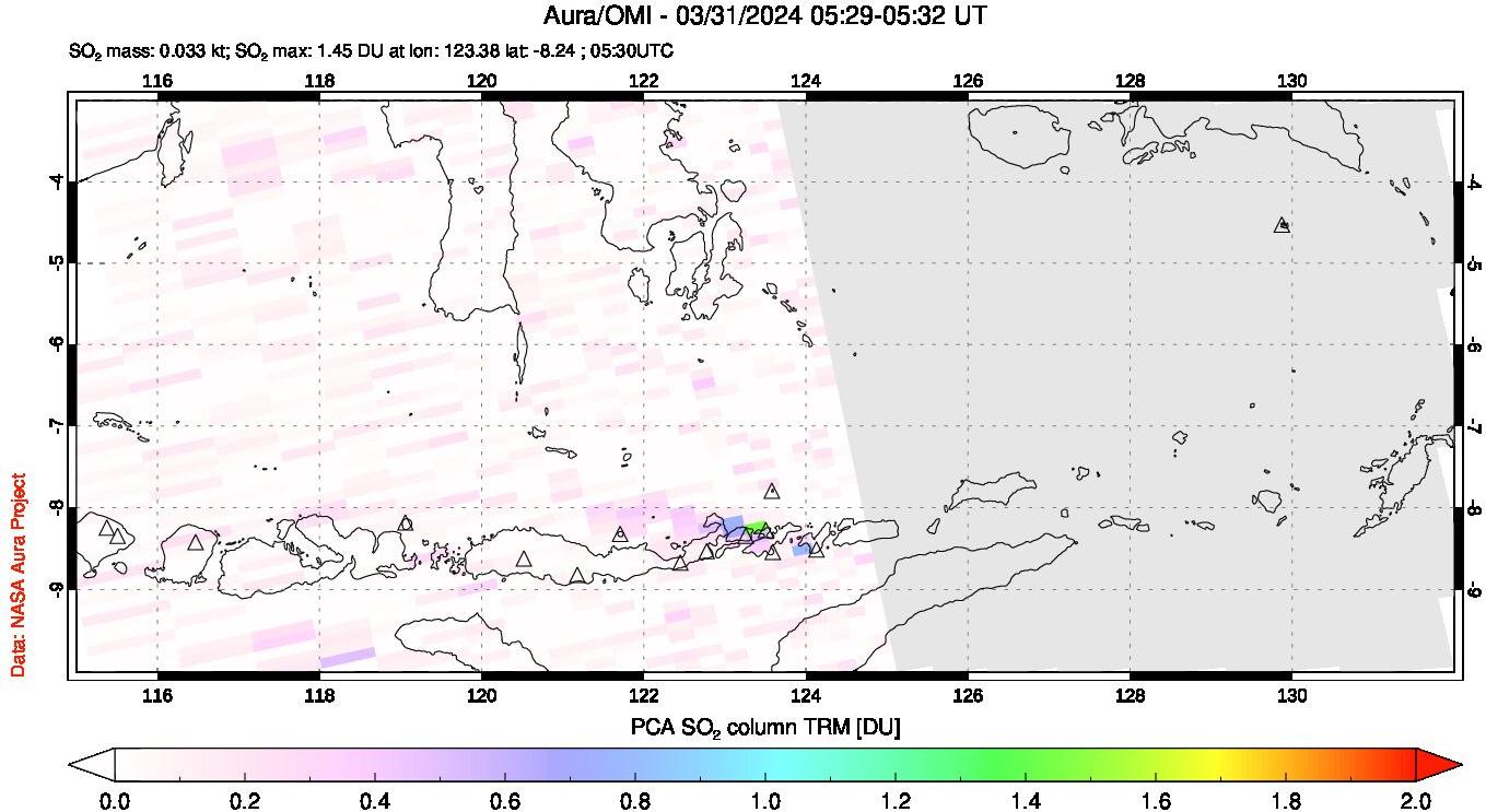 A sulfur dioxide image over Lesser Sunda Islands, Indonesia on Mar 31, 2024.