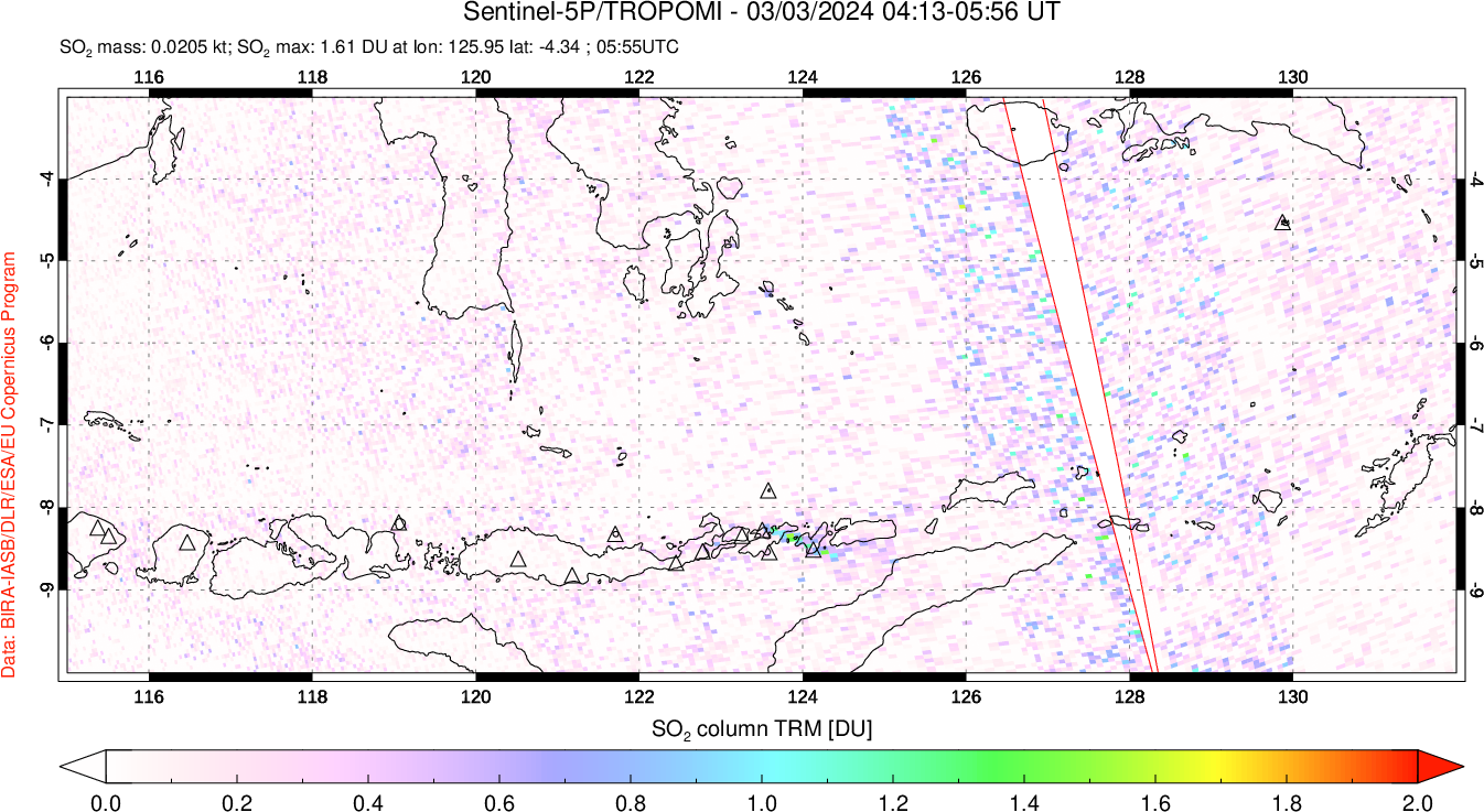 A sulfur dioxide image over Lesser Sunda Islands, Indonesia on Mar 03, 2024.