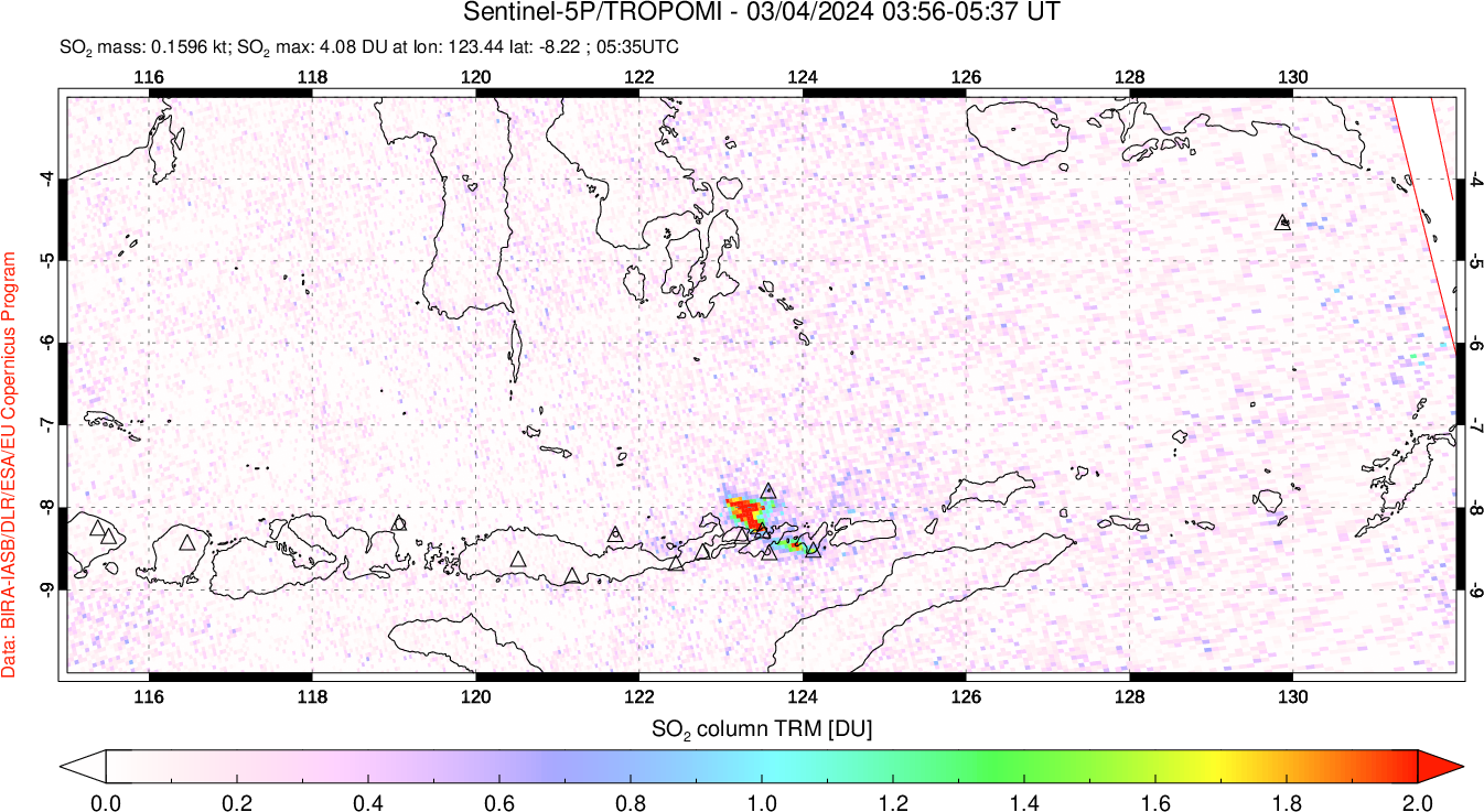 A sulfur dioxide image over Lesser Sunda Islands, Indonesia on Mar 04, 2024.