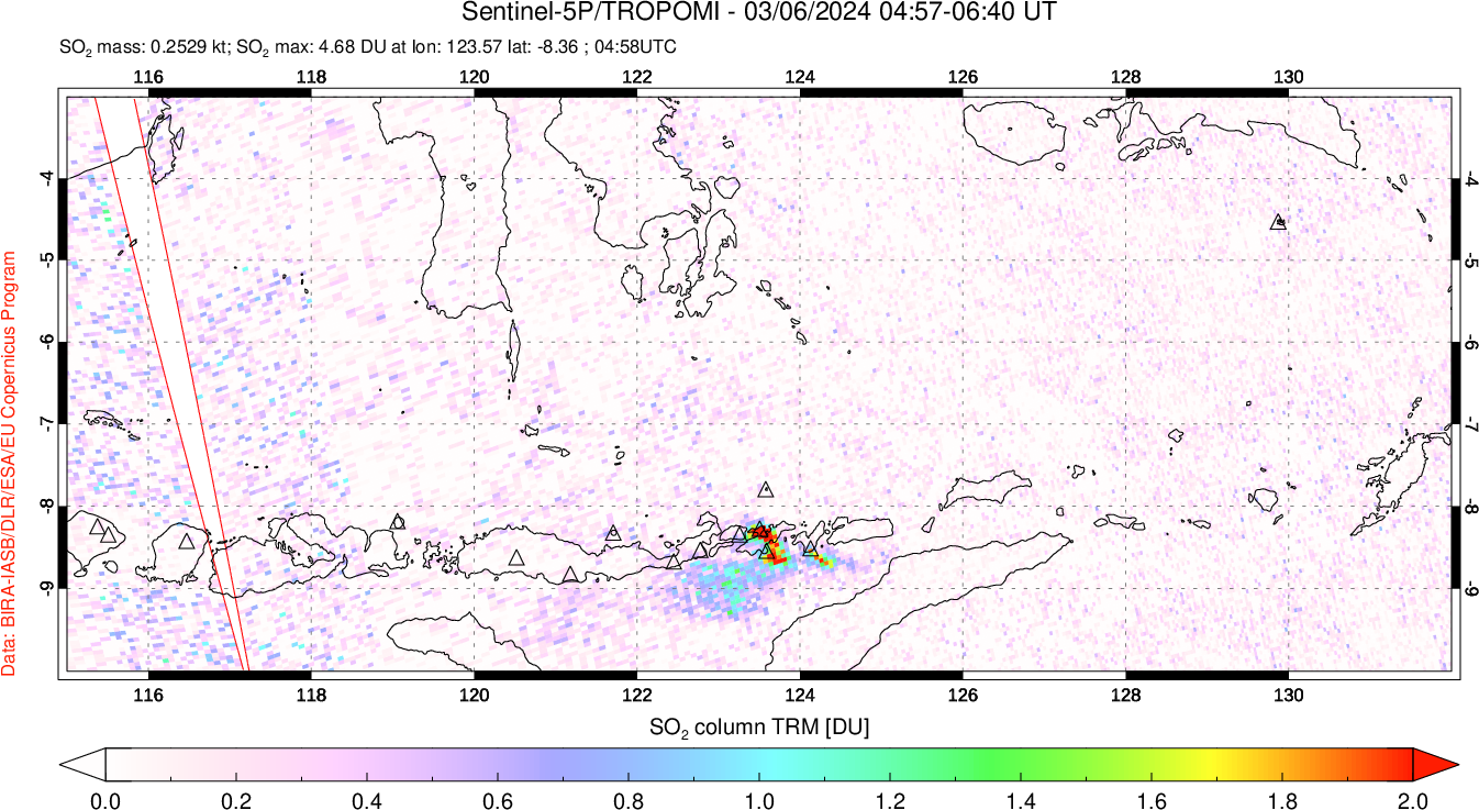 A sulfur dioxide image over Lesser Sunda Islands, Indonesia on Mar 06, 2024.