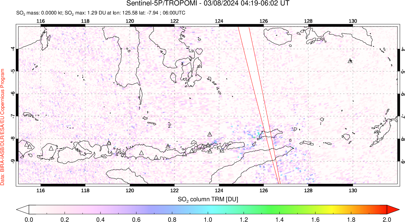 A sulfur dioxide image over Lesser Sunda Islands, Indonesia on Mar 08, 2024.