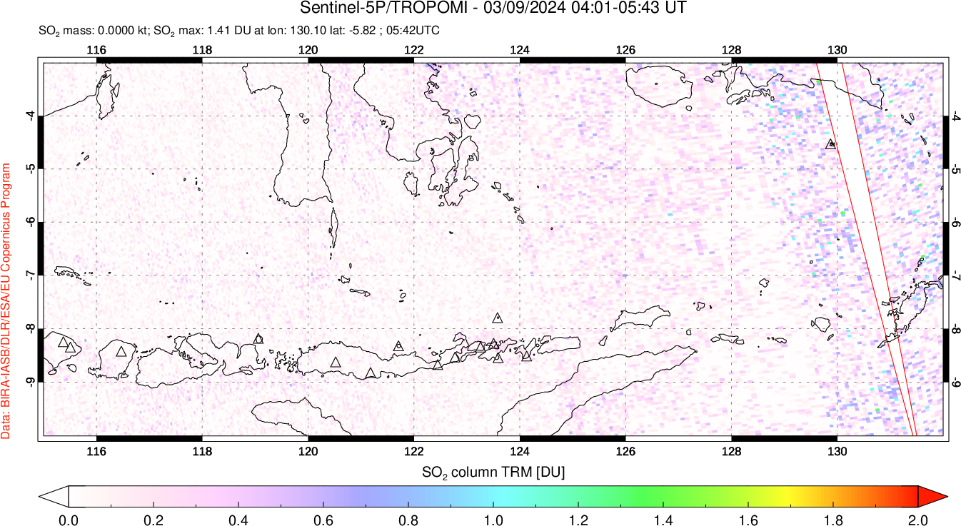 A sulfur dioxide image over Lesser Sunda Islands, Indonesia on Mar 09, 2024.