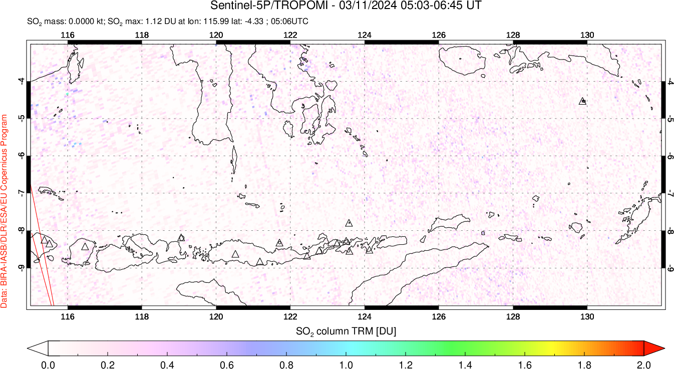 A sulfur dioxide image over Lesser Sunda Islands, Indonesia on Mar 11, 2024.