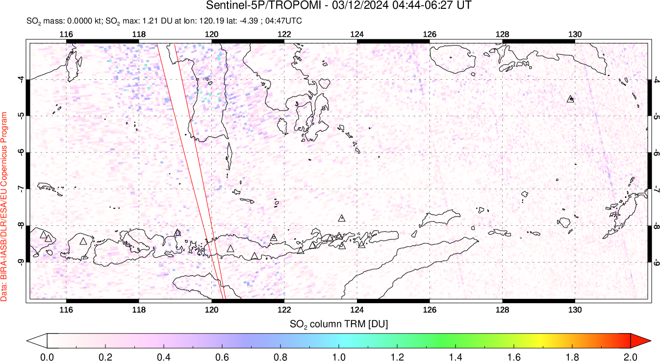 A sulfur dioxide image over Lesser Sunda Islands, Indonesia on Mar 12, 2024.