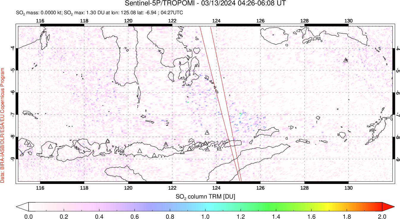 A sulfur dioxide image over Lesser Sunda Islands, Indonesia on Mar 13, 2024.