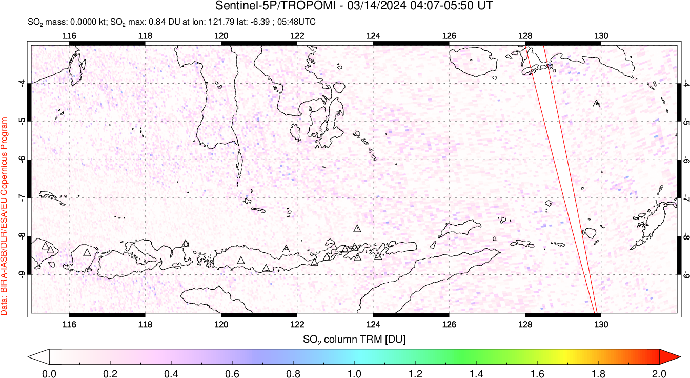 A sulfur dioxide image over Lesser Sunda Islands, Indonesia on Mar 14, 2024.