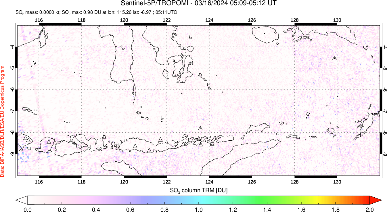 A sulfur dioxide image over Lesser Sunda Islands, Indonesia on Mar 16, 2024.