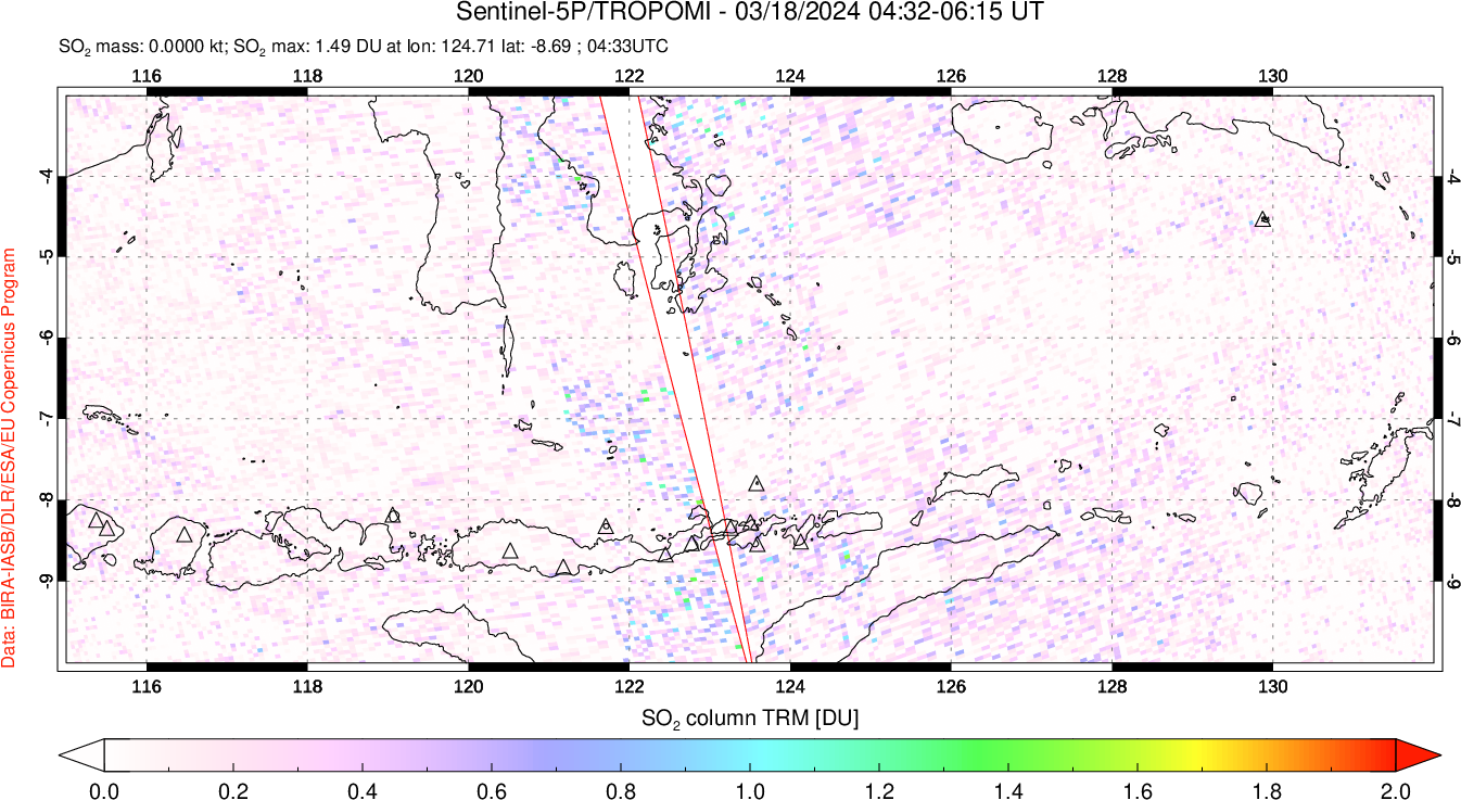 A sulfur dioxide image over Lesser Sunda Islands, Indonesia on Mar 18, 2024.