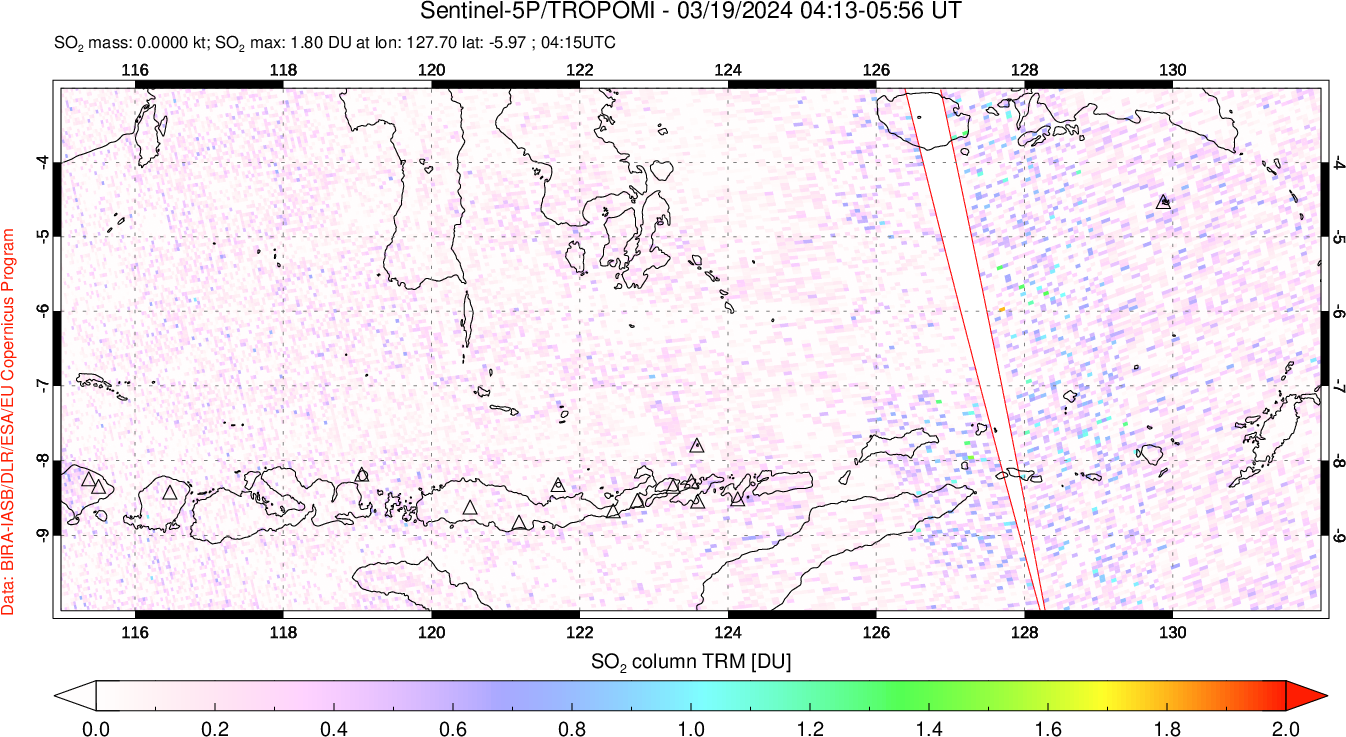 A sulfur dioxide image over Lesser Sunda Islands, Indonesia on Mar 19, 2024.