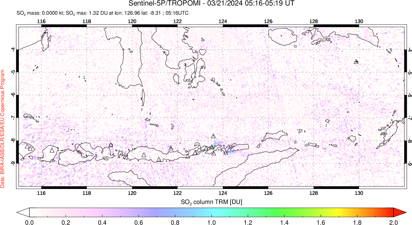 A sulfur dioxide image over Lesser Sunda Islands, Indonesia on Mar 21, 2024.