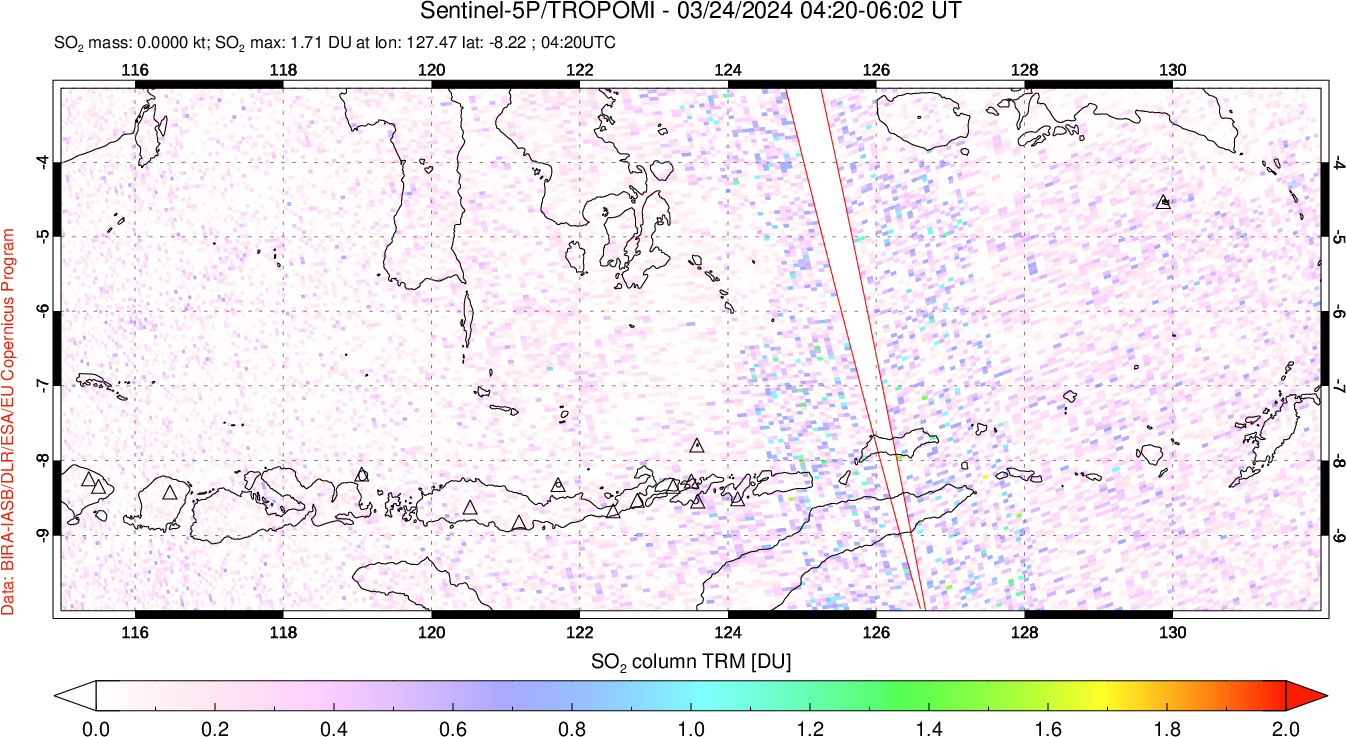 A sulfur dioxide image over Lesser Sunda Islands, Indonesia on Mar 24, 2024.