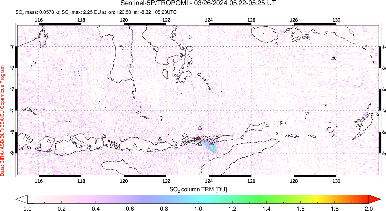 A sulfur dioxide image over Lesser Sunda Islands, Indonesia on Mar 26, 2024.