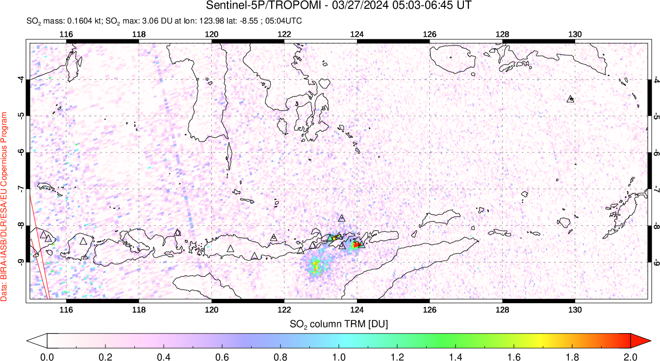 A sulfur dioxide image over Lesser Sunda Islands, Indonesia on Mar 27, 2024.