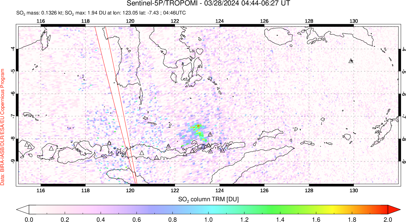 A sulfur dioxide image over Lesser Sunda Islands, Indonesia on Mar 28, 2024.