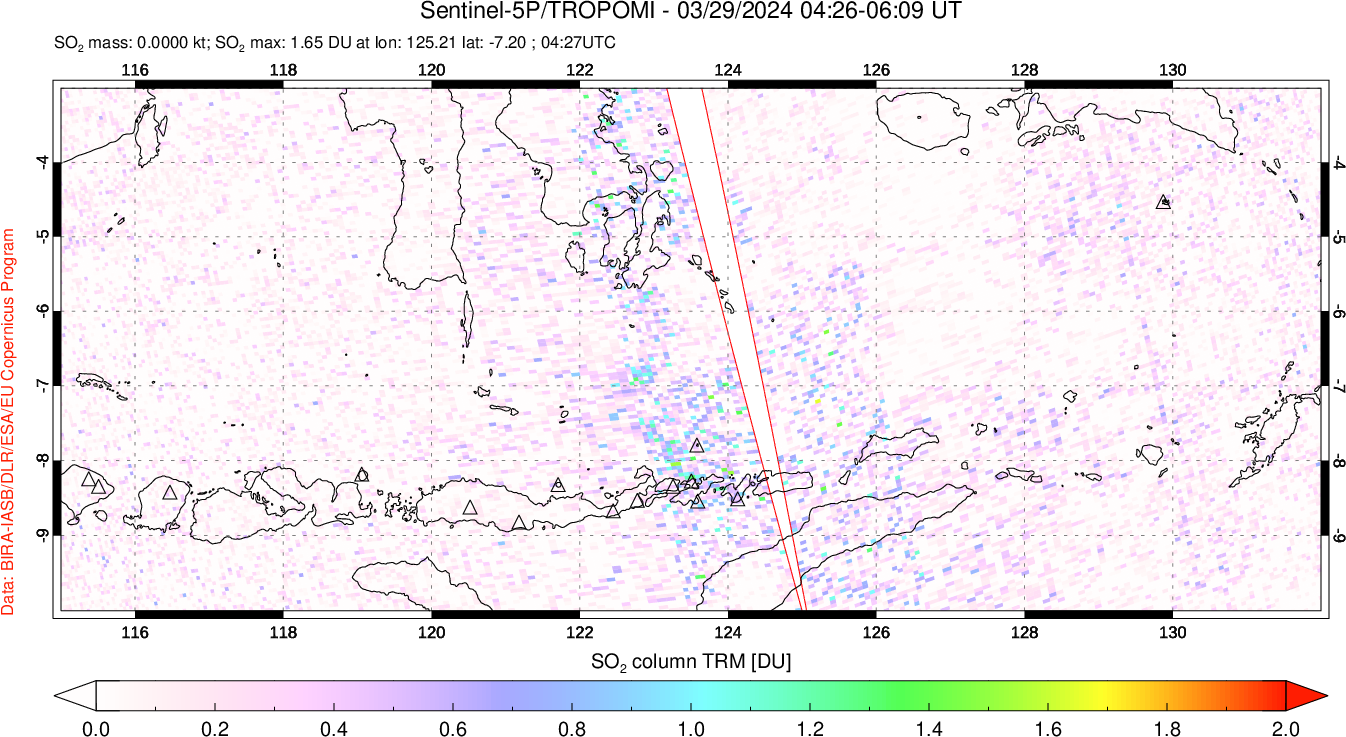 A sulfur dioxide image over Lesser Sunda Islands, Indonesia on Mar 29, 2024.