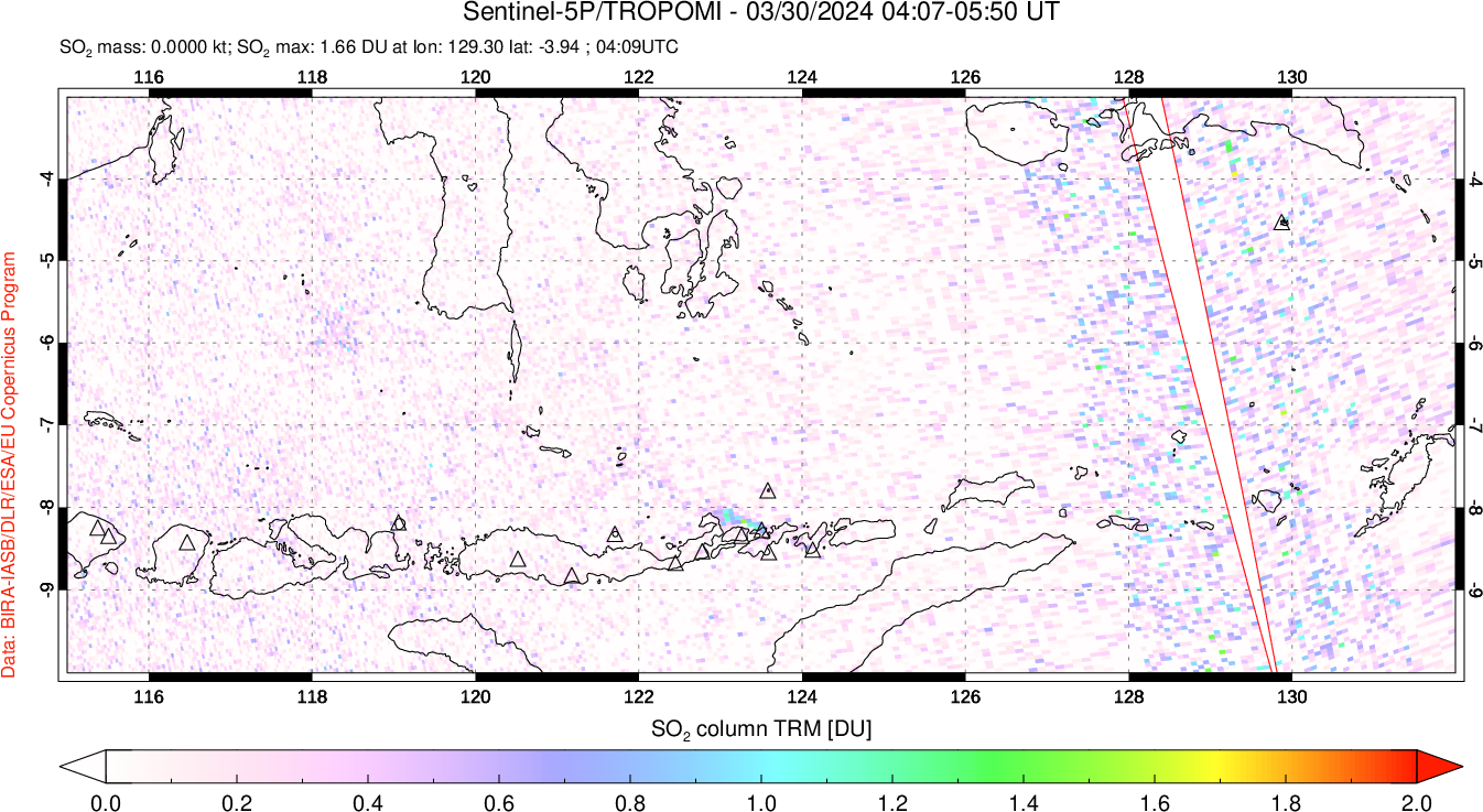 A sulfur dioxide image over Lesser Sunda Islands, Indonesia on Mar 30, 2024.