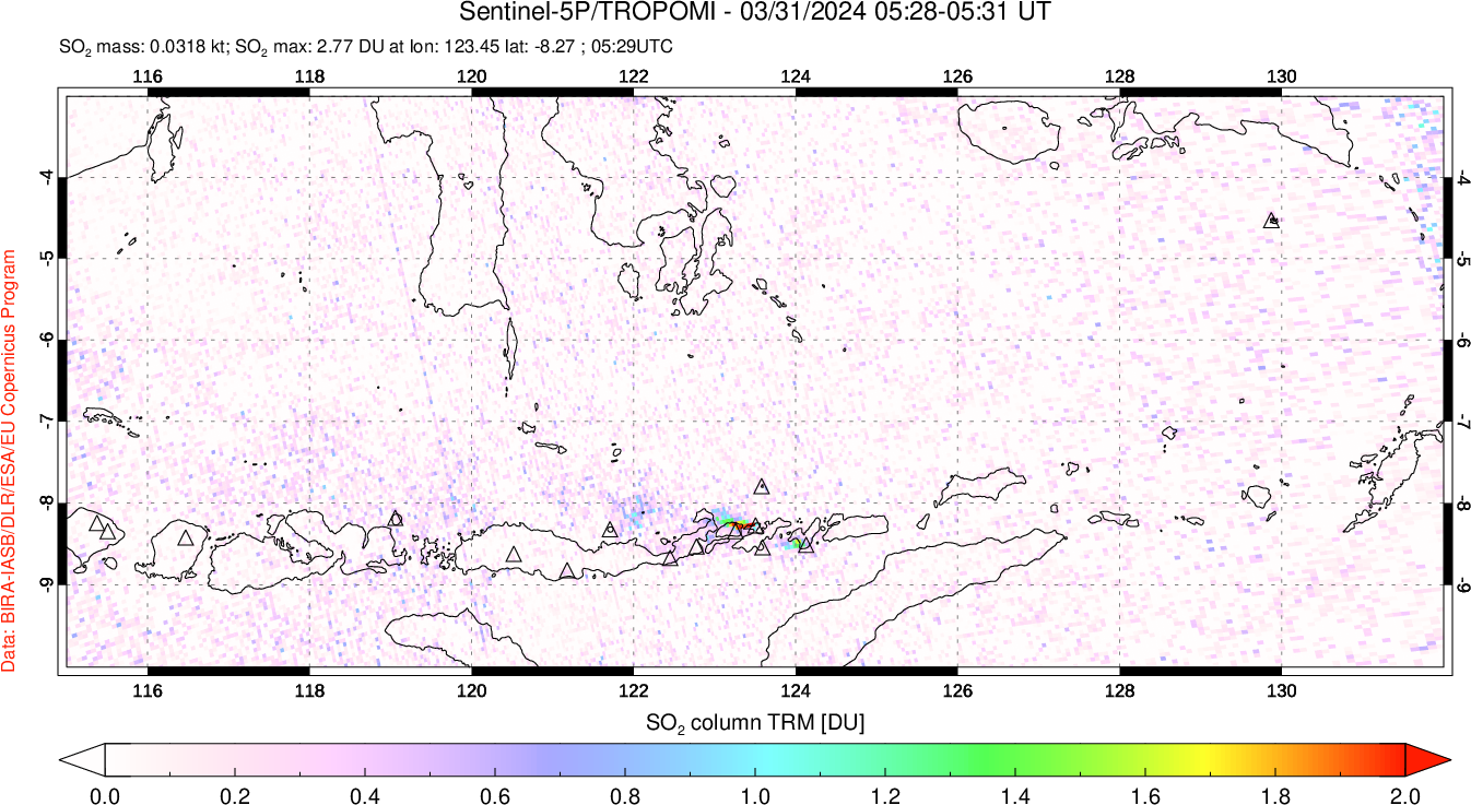 A sulfur dioxide image over Lesser Sunda Islands, Indonesia on Mar 31, 2024.