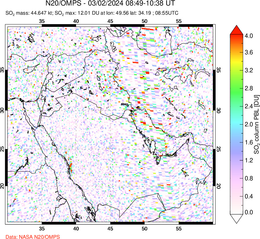 A sulfur dioxide image over Middle East on Mar 02, 2024.