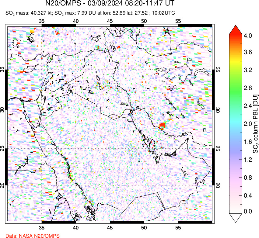 A sulfur dioxide image over Middle East on Mar 09, 2024.