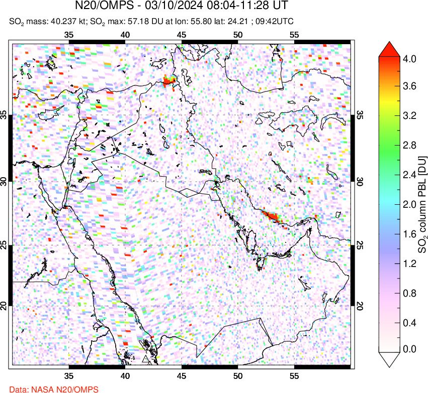 A sulfur dioxide image over Middle East on Mar 10, 2024.