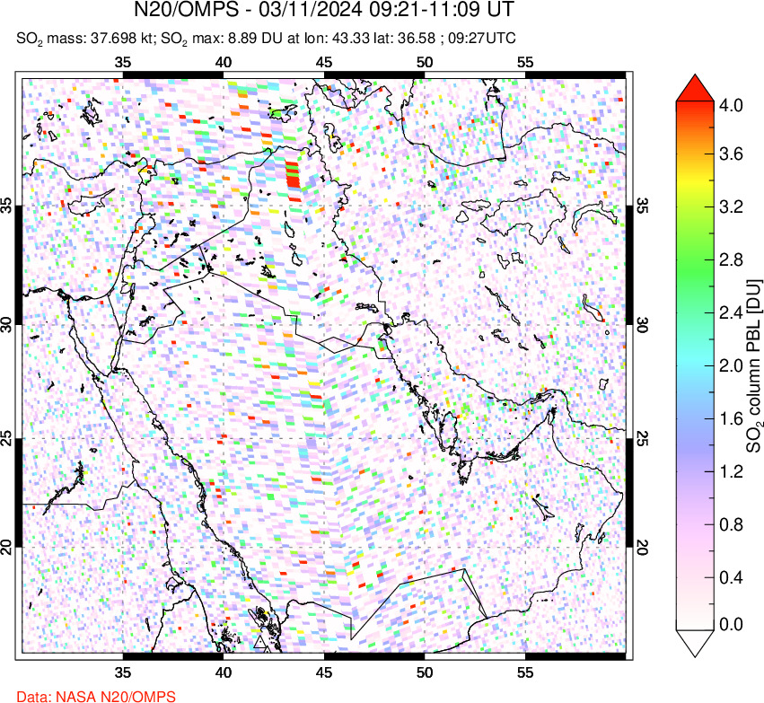 A sulfur dioxide image over Middle East on Mar 11, 2024.