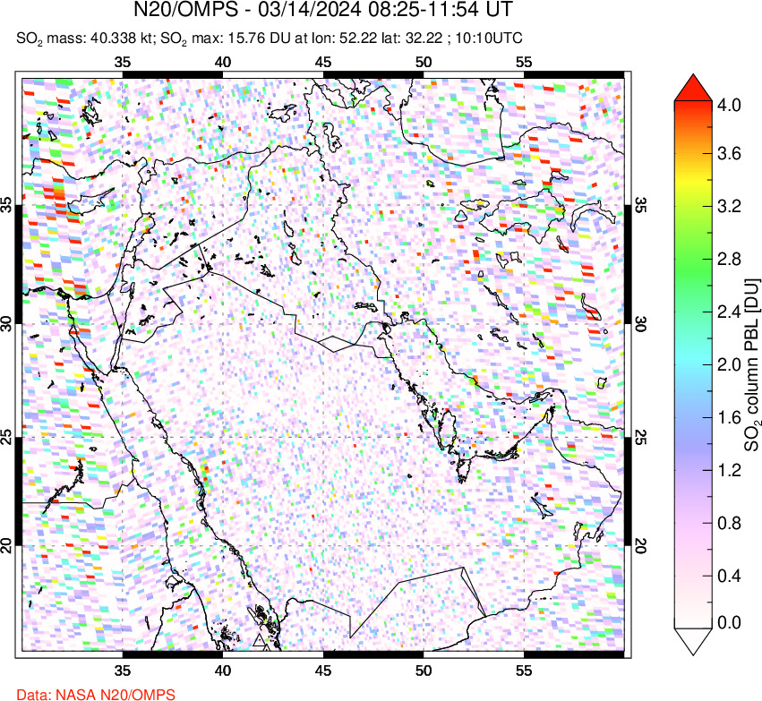 A sulfur dioxide image over Middle East on Mar 14, 2024.