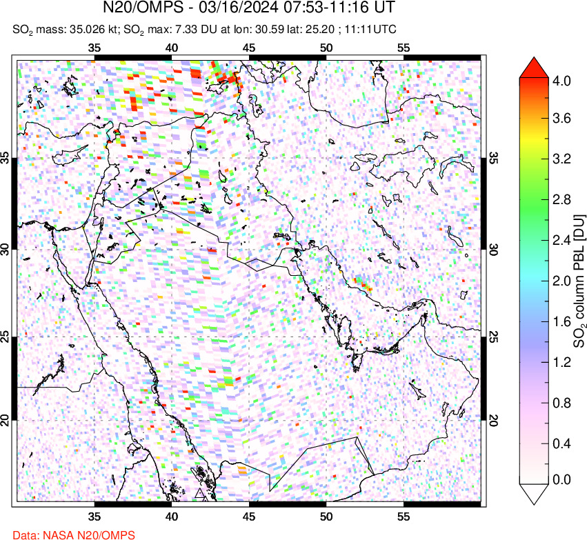 A sulfur dioxide image over Middle East on Mar 16, 2024.