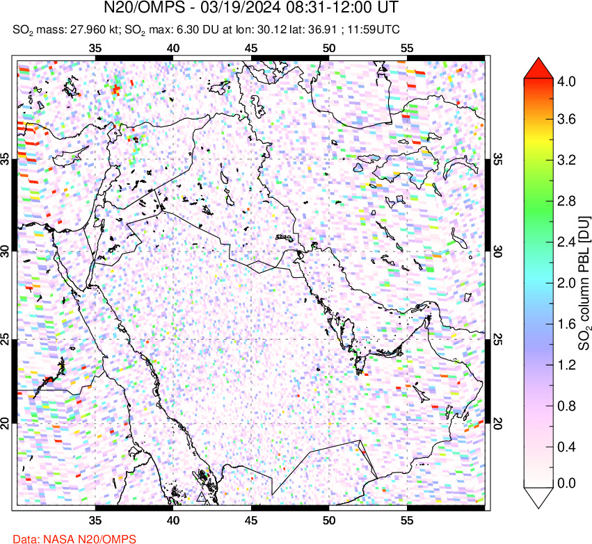 A sulfur dioxide image over Middle East on Mar 19, 2024.