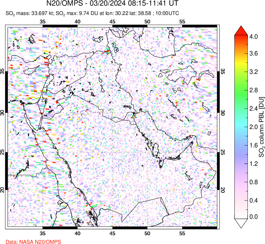 A sulfur dioxide image over Middle East on Mar 20, 2024.