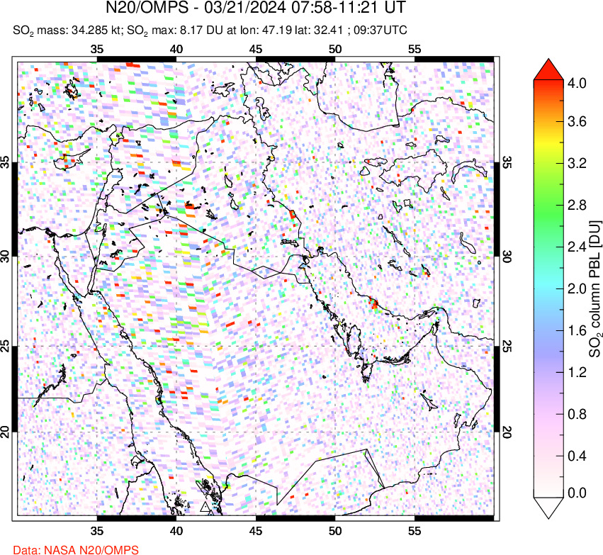 A sulfur dioxide image over Middle East on Mar 21, 2024.