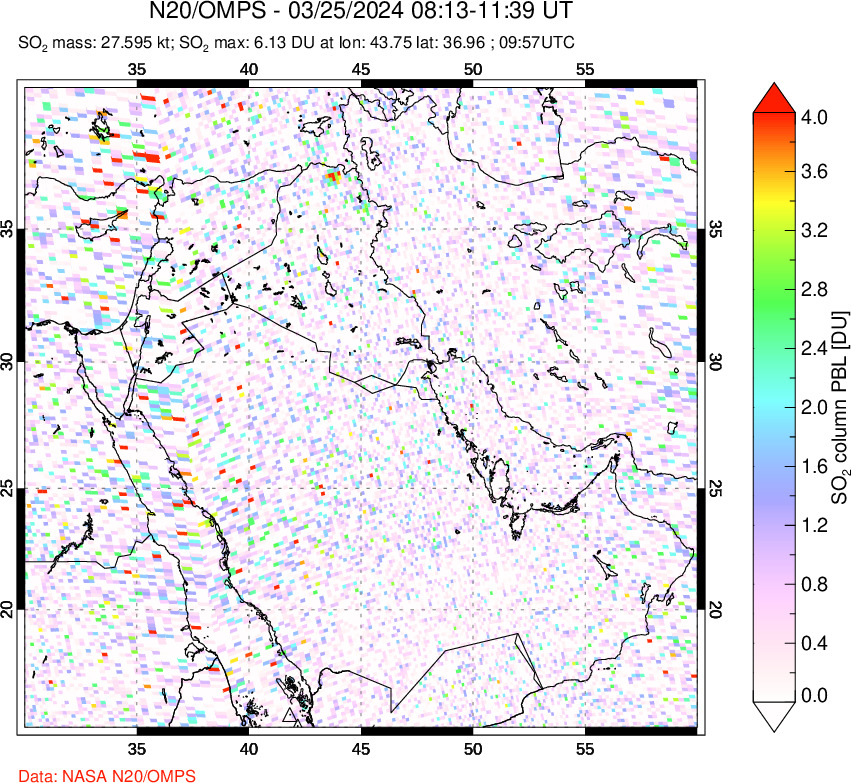 A sulfur dioxide image over Middle East on Mar 25, 2024.