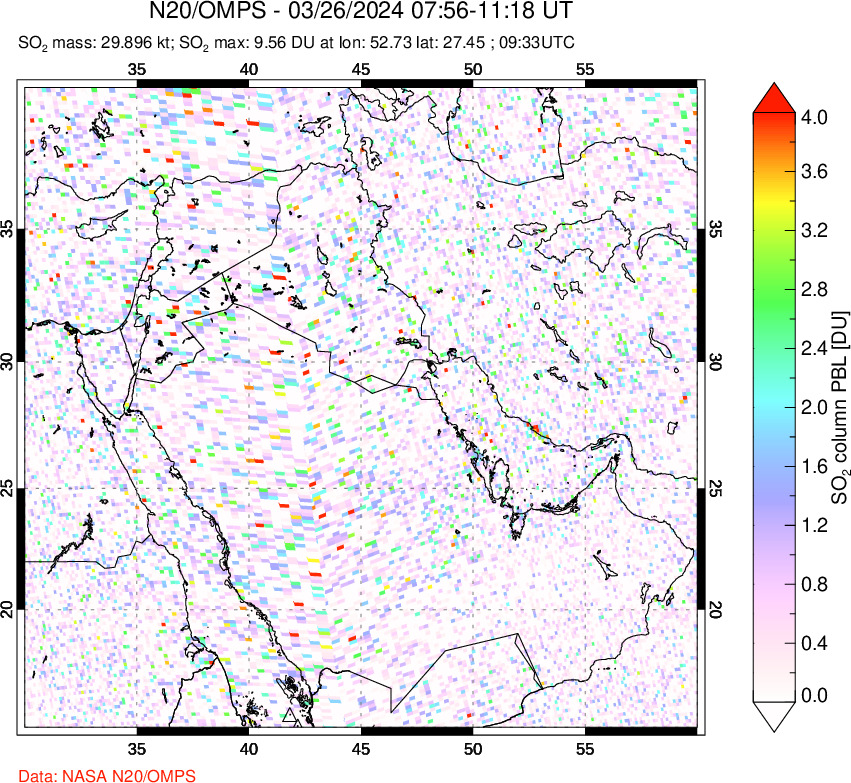 A sulfur dioxide image over Middle East on Mar 26, 2024.