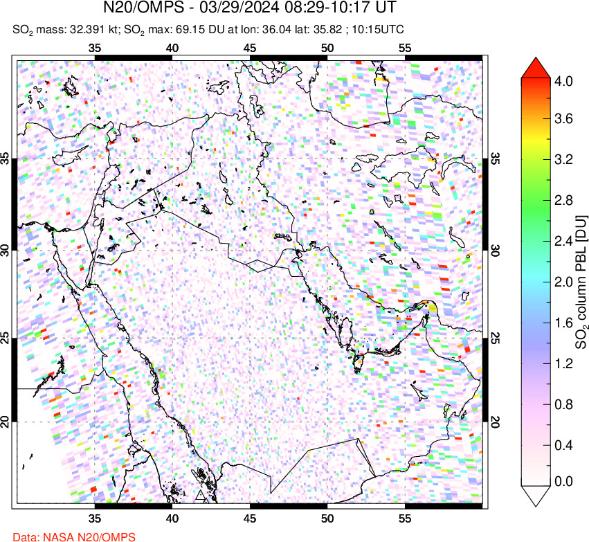 A sulfur dioxide image over Middle East on Mar 29, 2024.