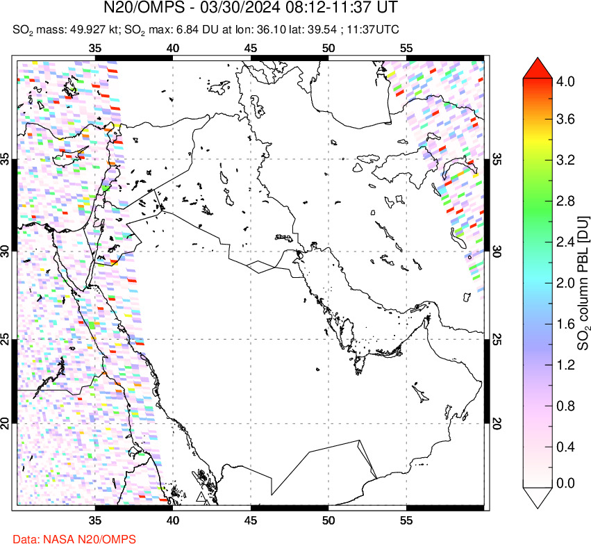 A sulfur dioxide image over Middle East on Mar 30, 2024.