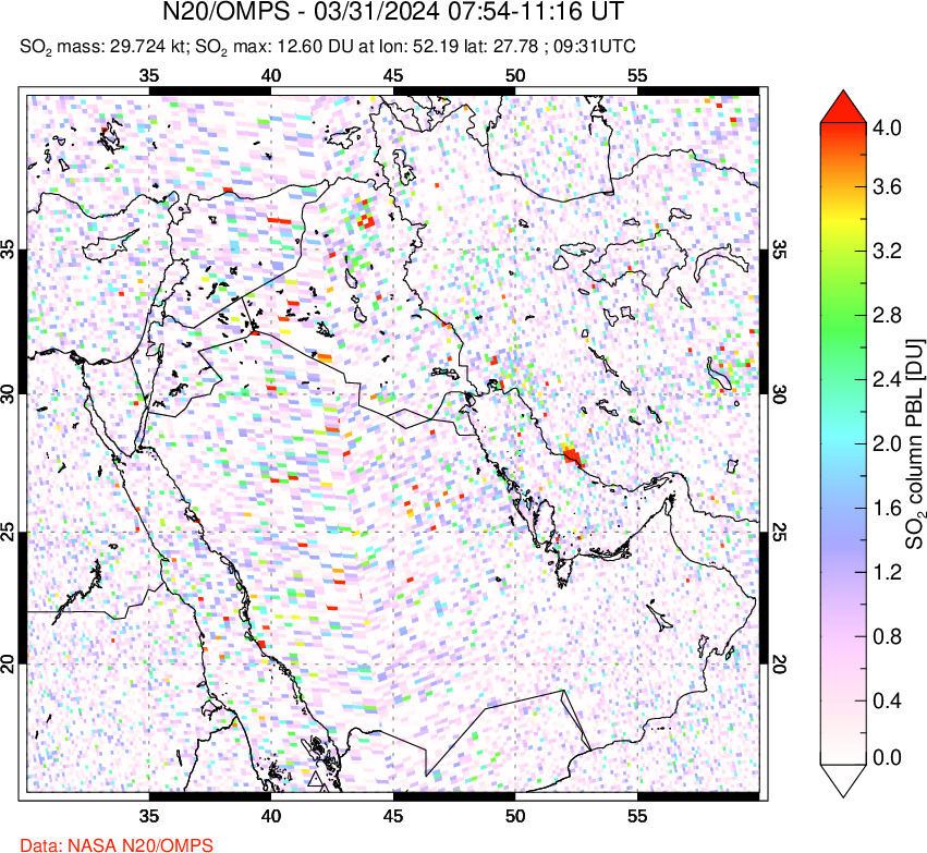 A sulfur dioxide image over Middle East on Mar 31, 2024.