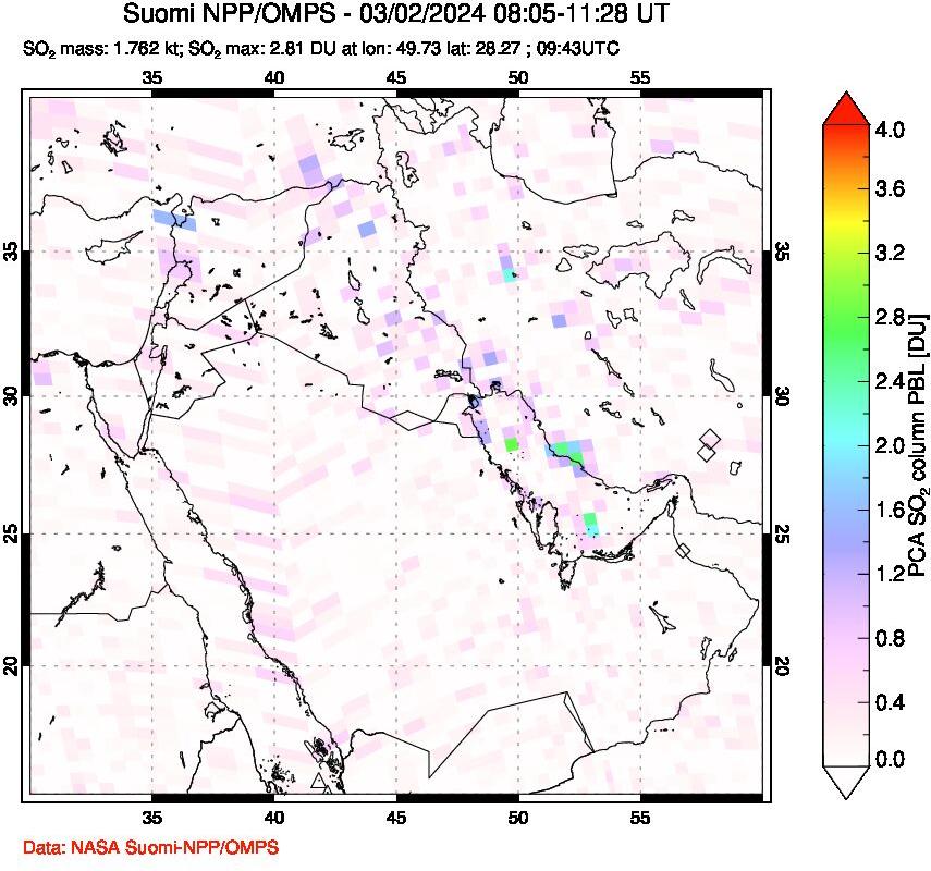 A sulfur dioxide image over Middle East on Mar 02, 2024.