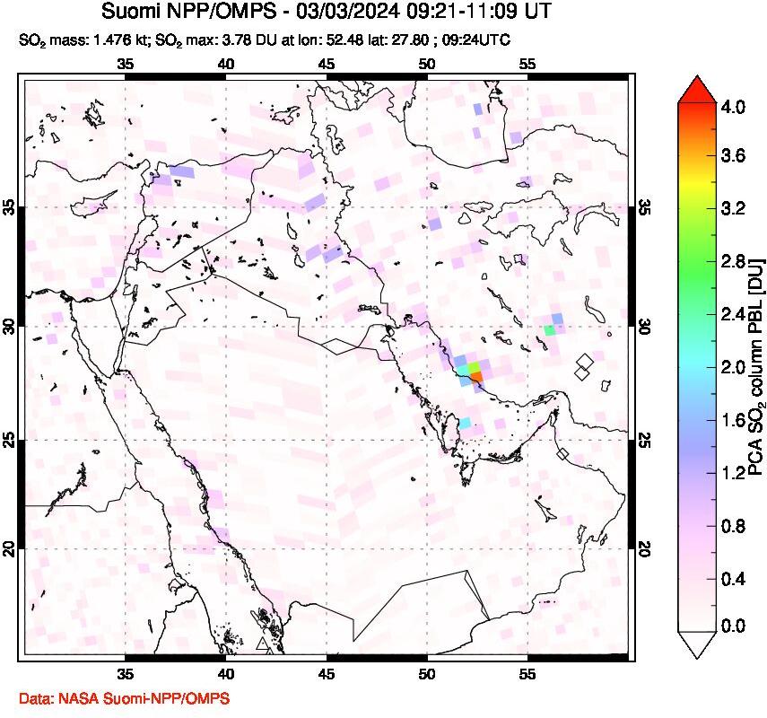 A sulfur dioxide image over Middle East on Mar 03, 2024.