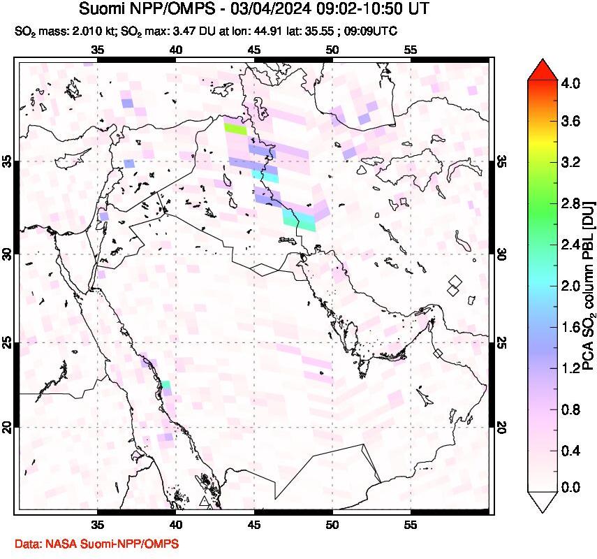 A sulfur dioxide image over Middle East on Mar 04, 2024.