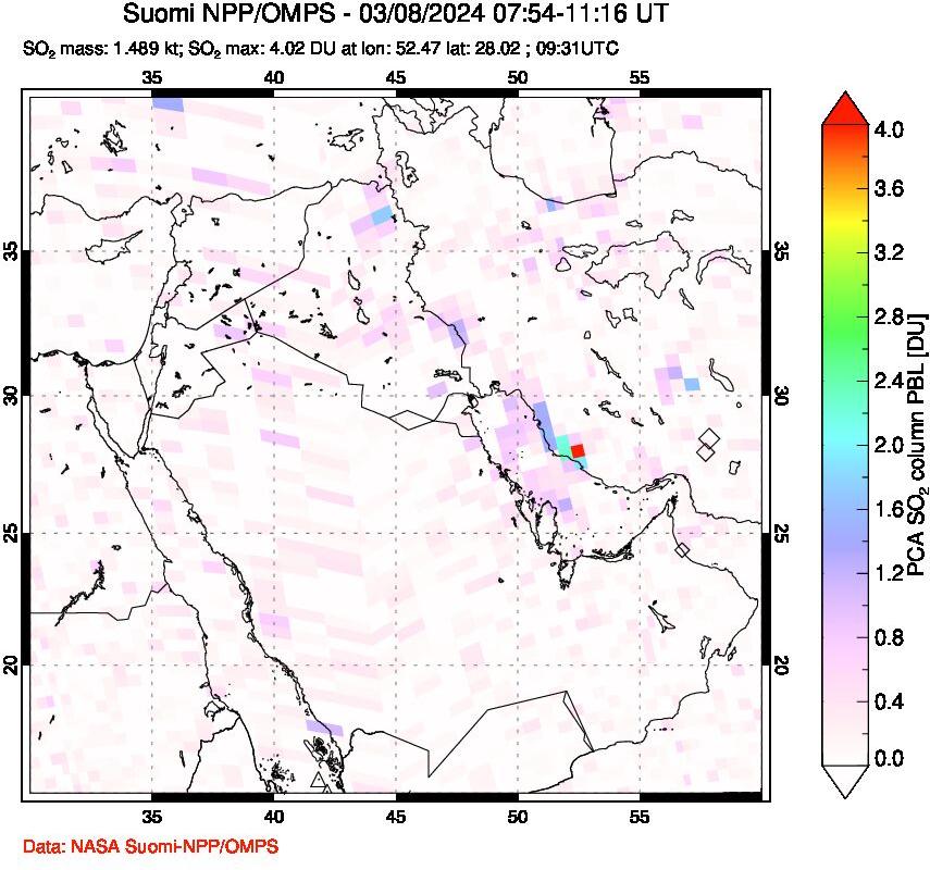 A sulfur dioxide image over Middle East on Mar 08, 2024.