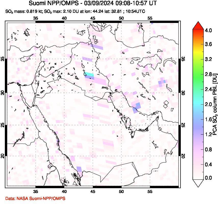 A sulfur dioxide image over Middle East on Mar 09, 2024.