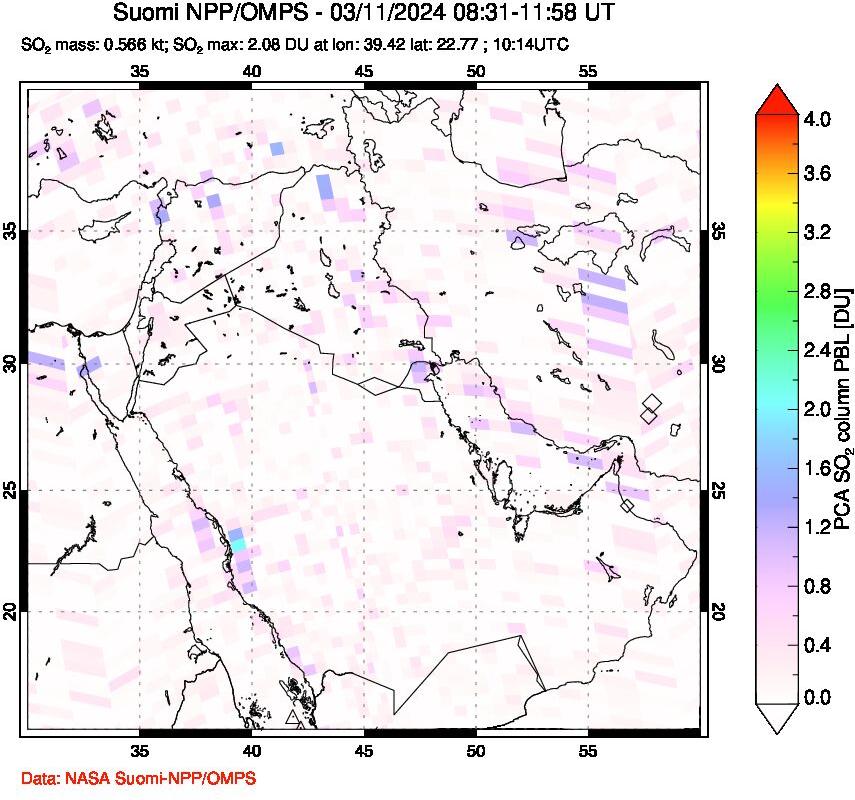 A sulfur dioxide image over Middle East on Mar 11, 2024.